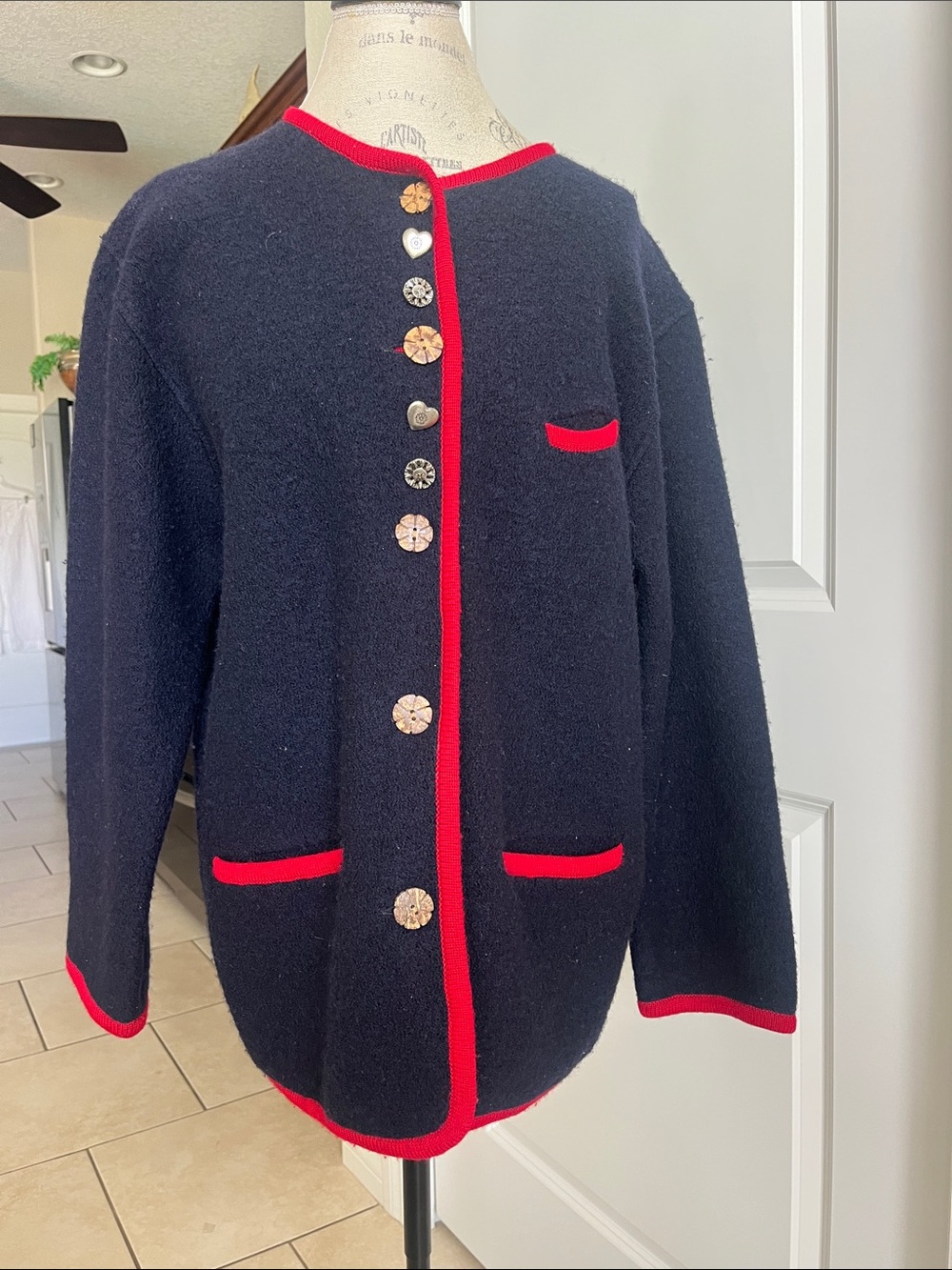EUC vintage Bernardo 100% wall, navy and red oversized cardigan XS